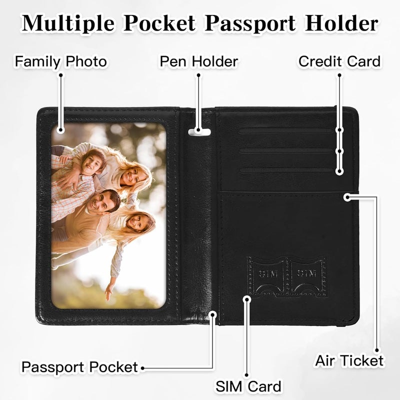 RHOttbiy Passport Holder for Travel, RFID Blocking Passport Cover with Pen Holder Leather Passport Wallet Case Travel Must Haves Accessories Passport Book Card Holder for Family Travel Essentials Gifts, Black - Image 5